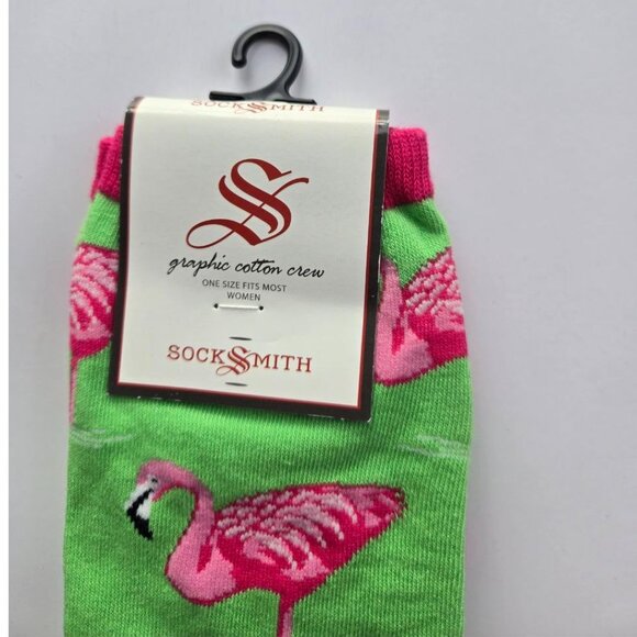 Socksmith Women's Graphic Cotton Crew Socks Green Pink Flamingos - Picture 3 of 4